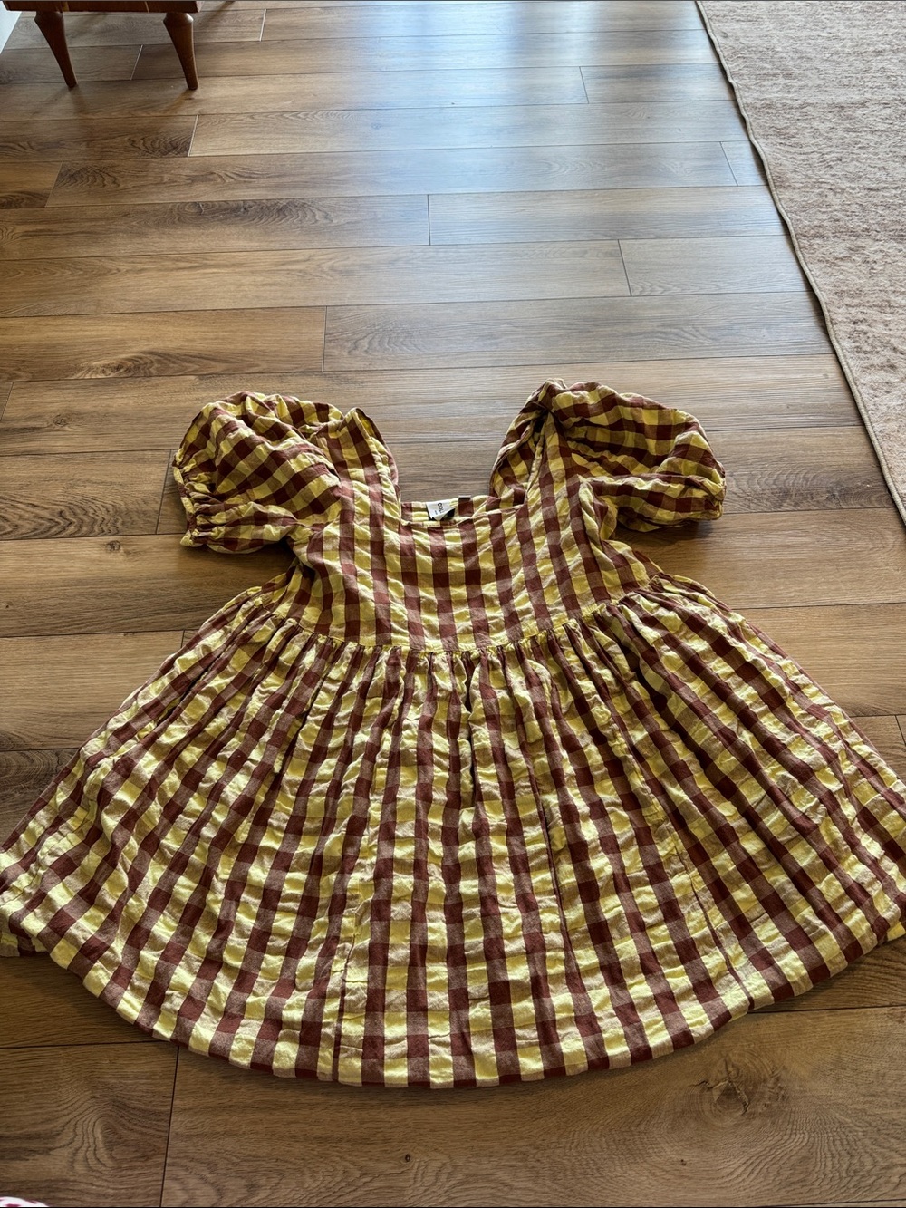 Kids Puff-Sleeve Gingham Dress in Yellow and Brown